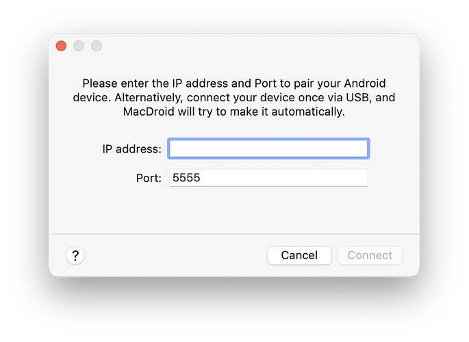 Enter your IP address in this field in Macdroid