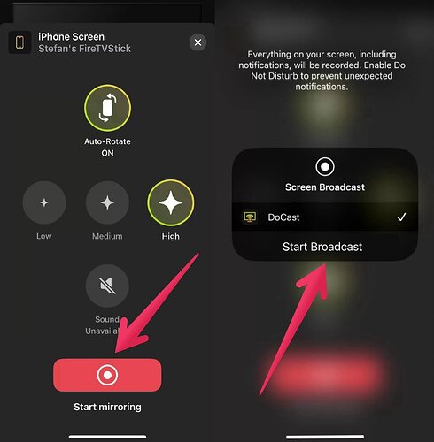 Tap on the Start mirroring and Start Broadcast button in DoCast